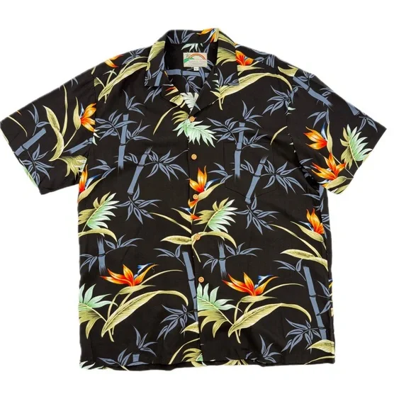 Paradise Found Hawaii Bamboo Paradise Black Hawaiian Shirt Men's Size Large - Picture 1 of 14